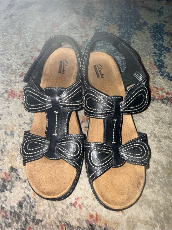 Clarks Shoes - Clarks Black Leather Bow-Accent Slingback Sandals